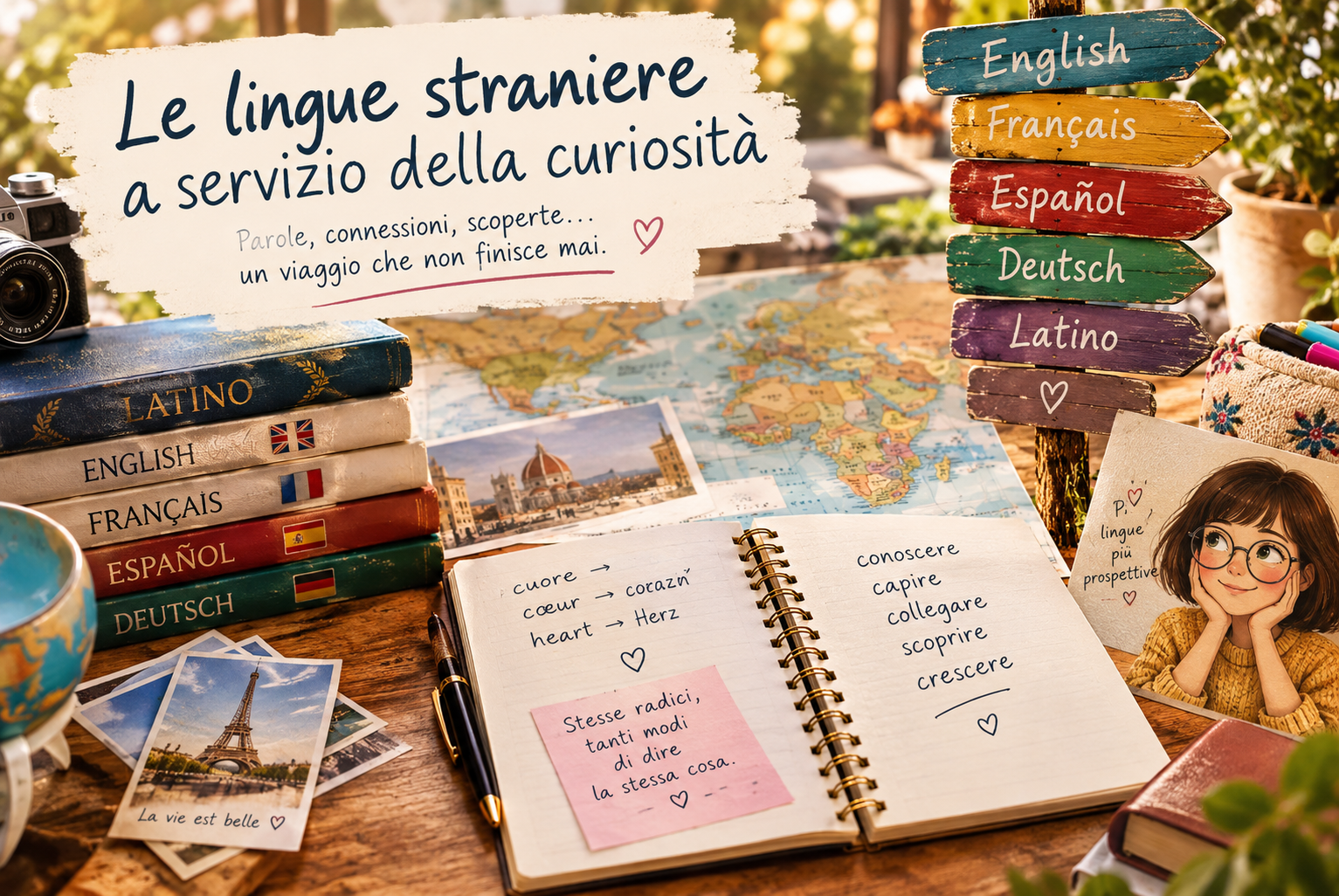 lil mondo delle liingue straniere: mappa del mondo, quaderno di appunti e cartelli multilingue: un viaggio tra parole, curiosità e connessioni.